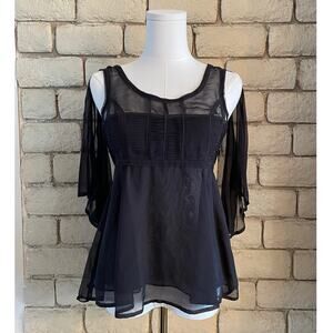 Leon Max for Max Studio Black Silk Sheer Pleated Cold-Shoulder Blouse Size Small